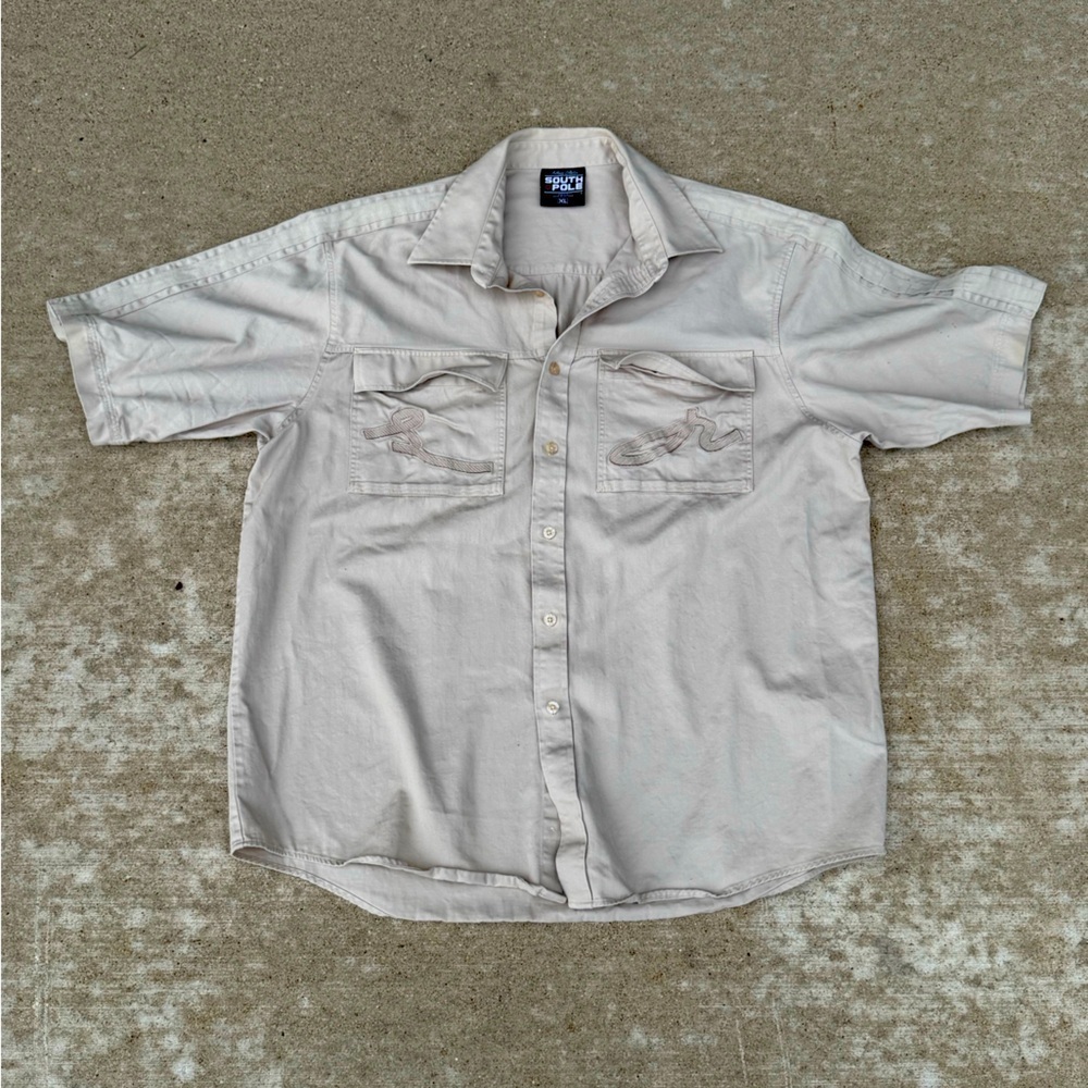 Y2K South Pole Shirt Mens M Beige Embroidered Button Up Streetwear Hip Hop VTG